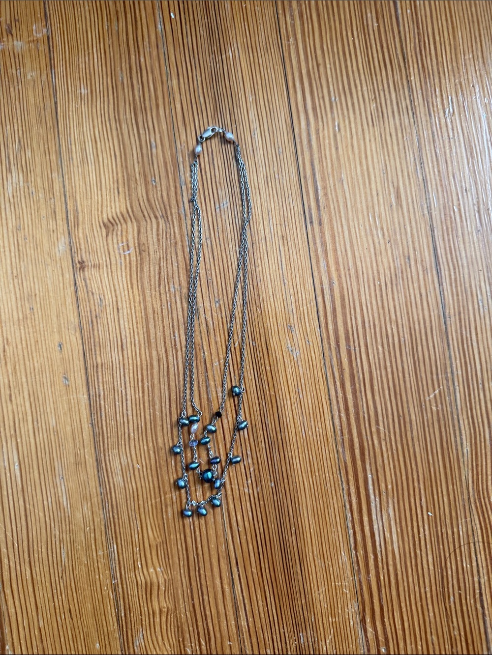 Double Silver Chain Necklace with Dark and White Pearl Bead Details